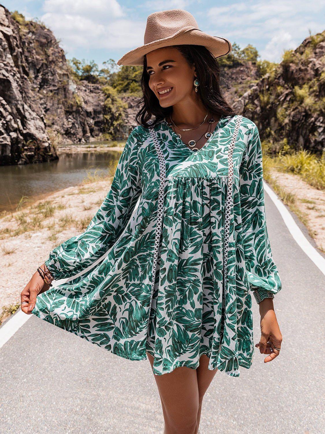 Long Sleeve V - Neck Mini Dress - VILLA FASHION